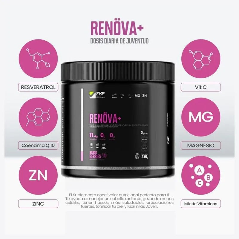 COLAGENO HIDROLIZADO RENOVA, CON BIOPEPTIDOS ACTIVOS + COENZIMA Q10 + RESVERATROL