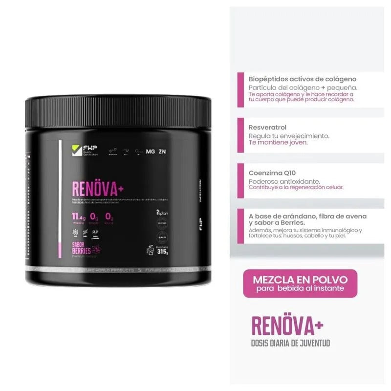 COLAGENO HIDROLIZADO RENOVA, CON BIOPEPTIDOS ACTIVOS + COENZIMA Q10 + RESVERATROL
